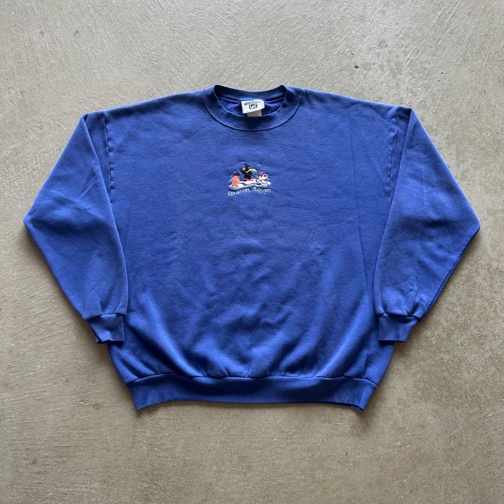 Vintage 90s Christmas Michigan Sweatshirt Size XL Blue Embroidered Ski Crewneck